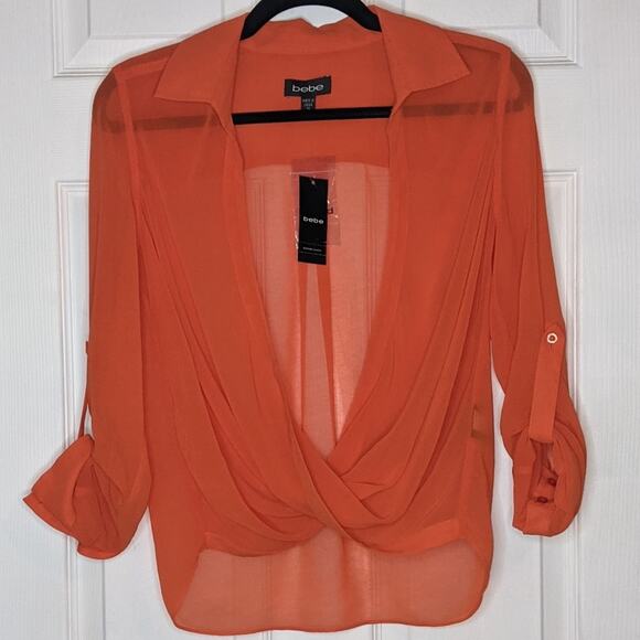 bebe Tops - Bebe Orange Hi Low Twist Front Collared Blouse Top XS